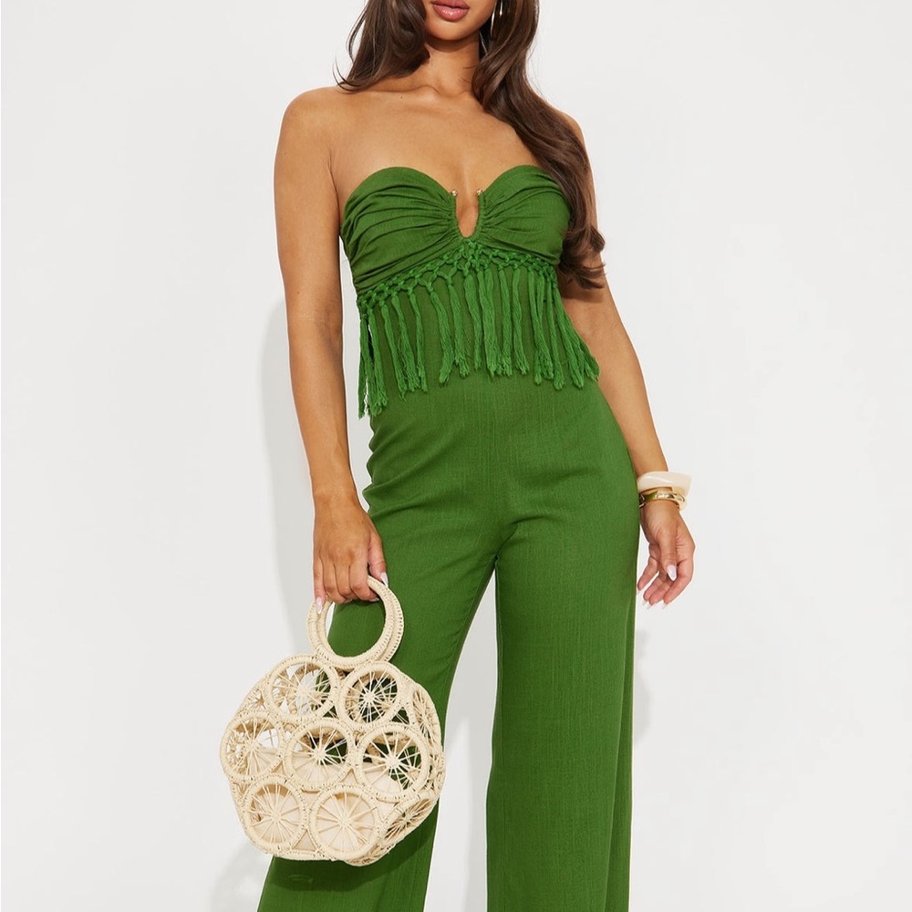 Strapless Green Fringe Jumpsuit